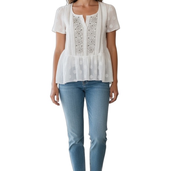 Leifsdottir Anthropologie Beaded Sheer White Peplum Blouse Size 0 - Picture 9 of 9